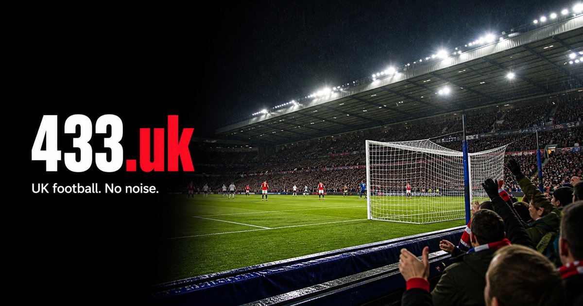 Floodlit UK football stadium with 433.uk branding